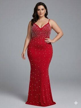Red Sleeveless Beaded Mermaid Evening Dress